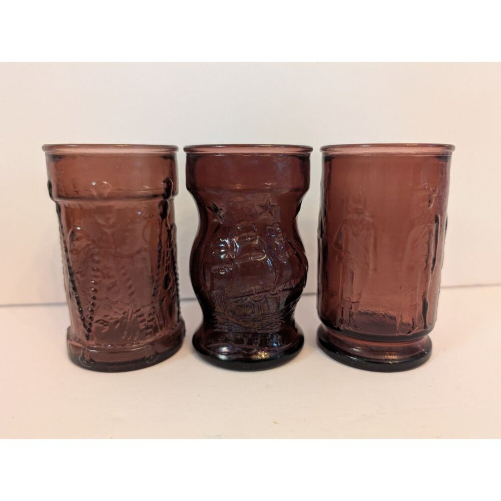 Set Of 3 Wheaton Vintage Amethyst Purple Glass Tumblers Embossed